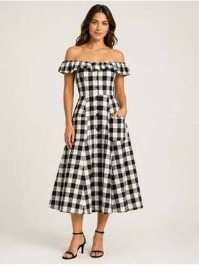 Reformation 100% Linen Black White Plaid Gingham Hattie Ruffle Neckline Dress, 8